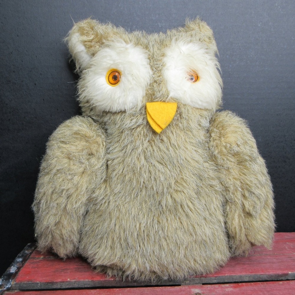 Vintage 1970s Haan Crafts Stuffed Owl Plush Animal Brown Tan Large Eyes 11"